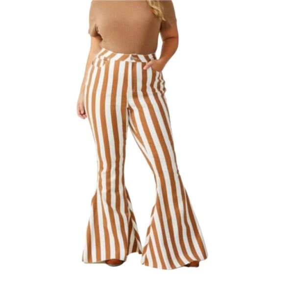 NEW ARULA brown and ivory striped Alden super‎ flare high waist hippie jeans 16 - Picture 1 of 16